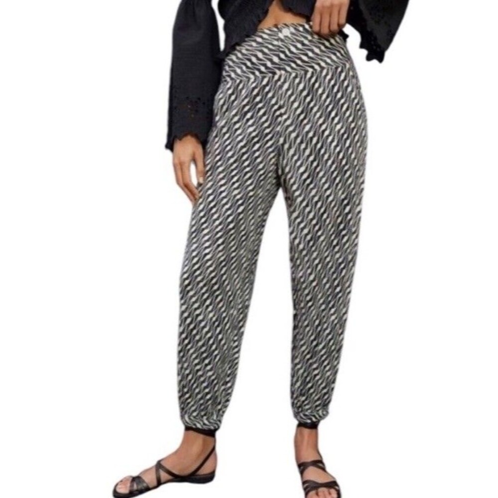 Anthropologie Women’s Black & White Print Harlem JoggerLinen Blend Pants Size 14